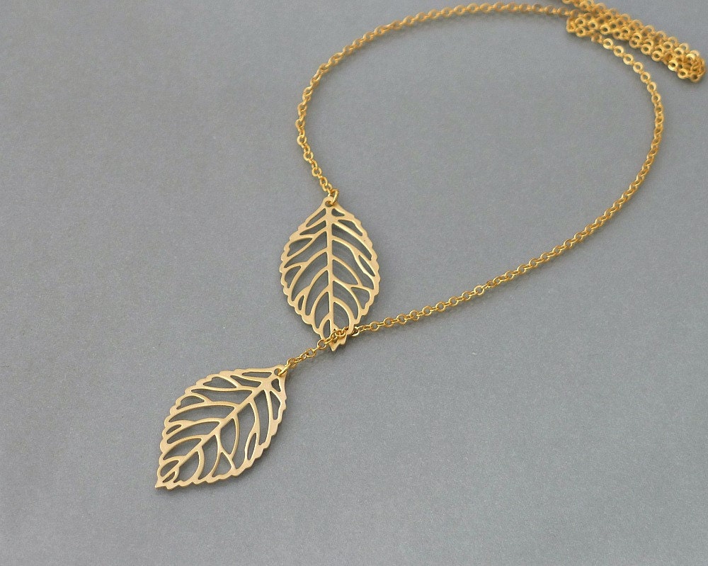Gold Leaf necklace, leafy charm lariat, delicate everyday jewelry, wedding, bridesmaids gift, by balance9