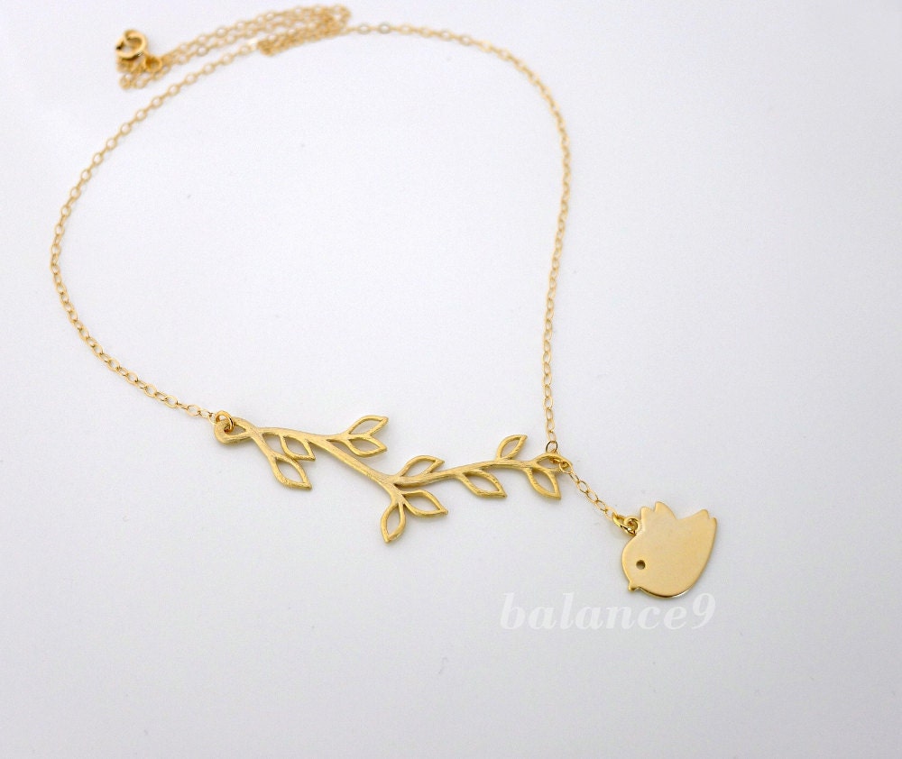 Bird Branch Necklace, delicate charm pendant, 14k gold filled chain lariat, everyday jewelry gift, by balance9