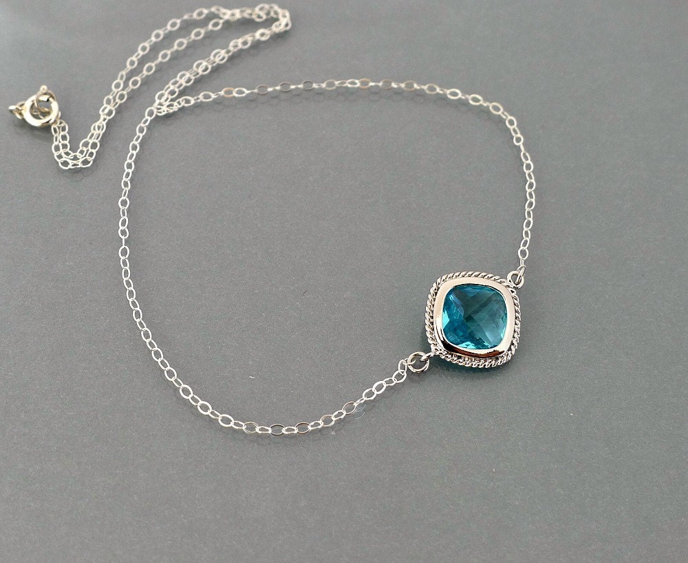 Aqua blue necklace, framed glass crystal bezel pendant, sterling silver chain, delicate everyday jewelry, by balance9