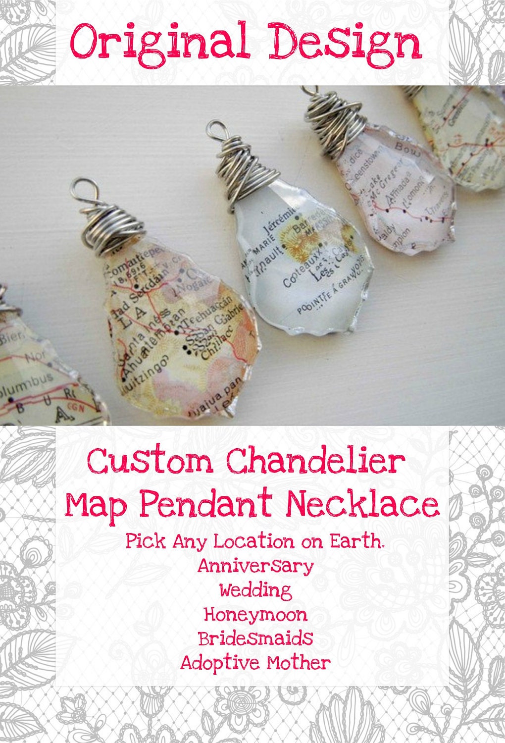 Custom Map Necklace Chandelier Prism Crystal You Pick the Place