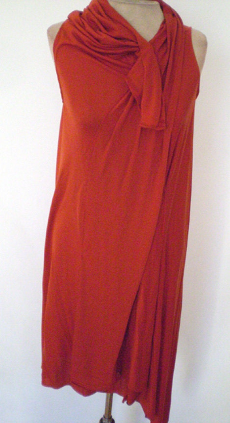 Red Cotton Rayon Spandex dress is draped longer on one side,loose drape neck,sleeveless designed by Cheryl Johnston