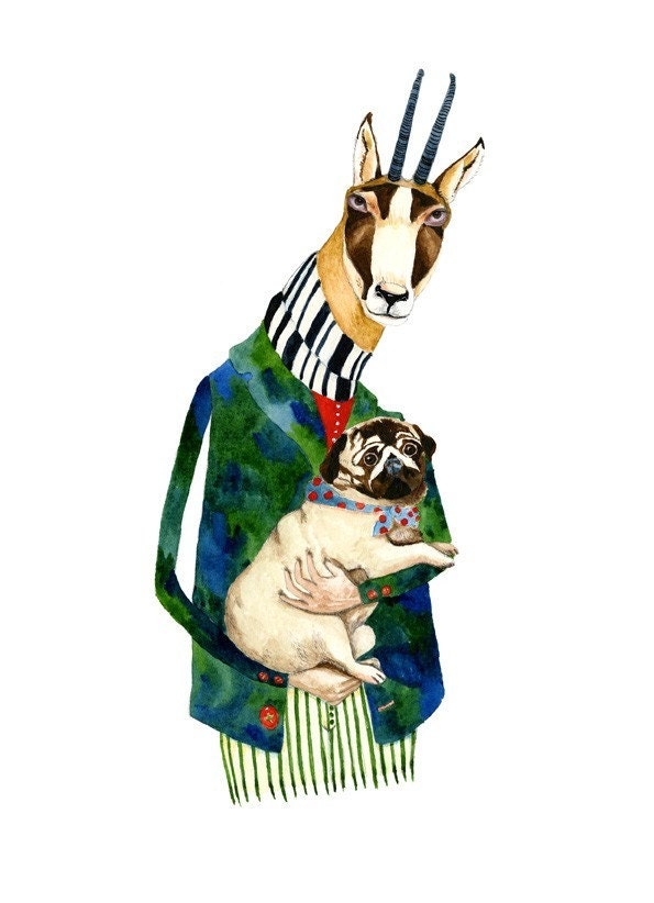 Deer and Pug Dog 8x11 print