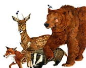 Print Bear and woodland Creatures Fox, Deer, Hare, Badger 11.7x16.5