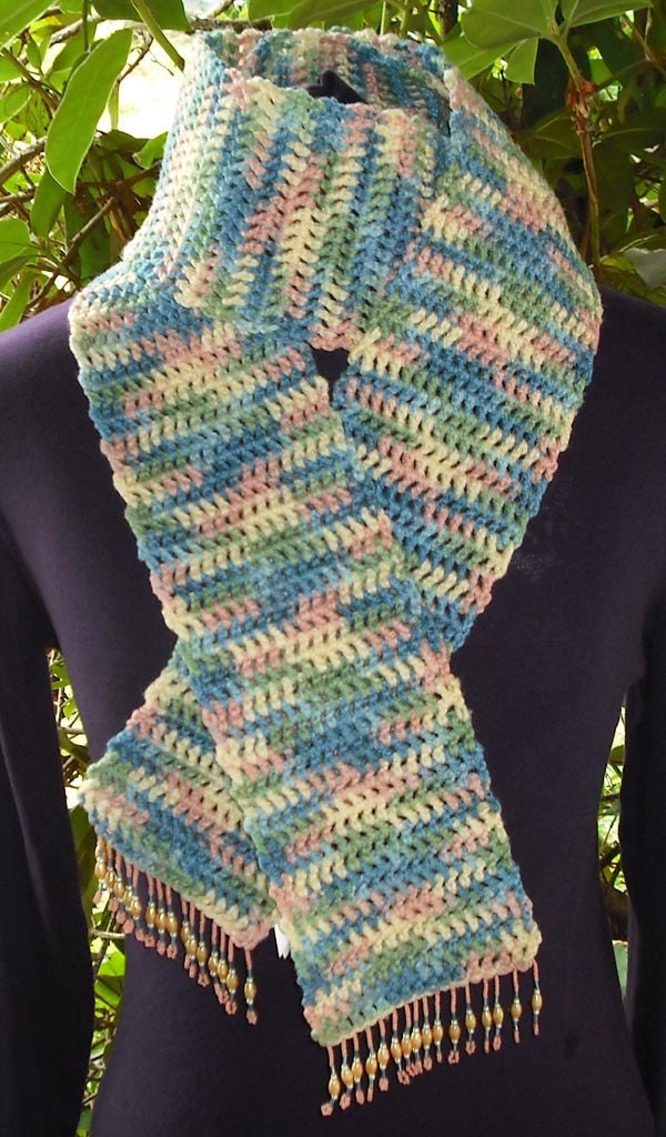 Beaded Edge Crocheted Scarf - Variegated Greens Blues Peach Cream 09 Fashion Accessory Neck Warmer Beading Crocheting