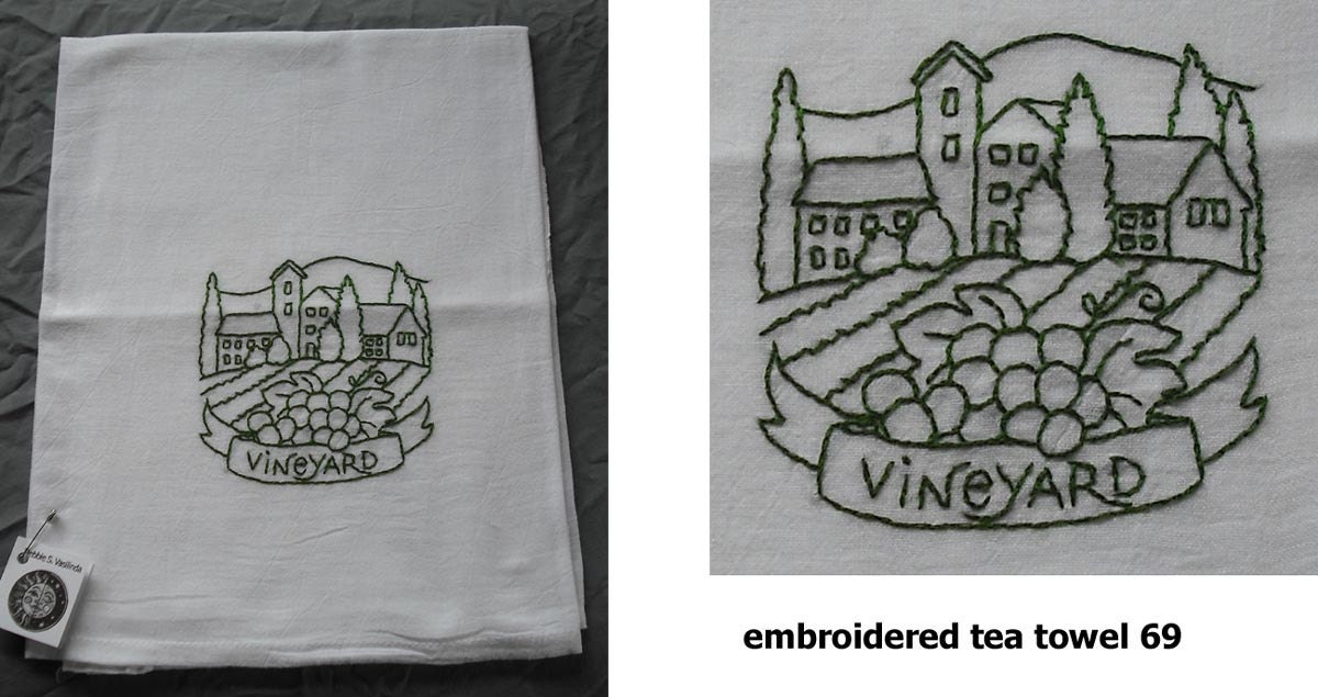 Hand Embroidered Tea Towel Flour Sack Cotton - Wine Country Grapes Vineyard Winery Vino Kitchen Vintage Retro Cloth