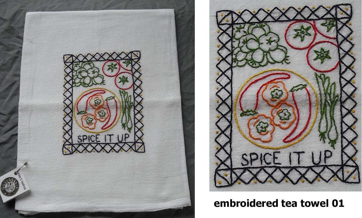 Hand Embroidered Tea Towel Flour Sack Cotton - Fiesta Jalepeno Pepper Chili Spice Chilies Mexican Vintage Retro Kitchen