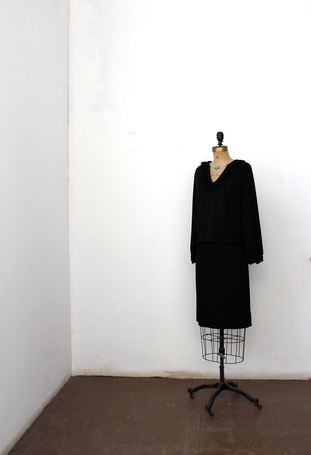 1970's Black Shift Dress with Lace Trim