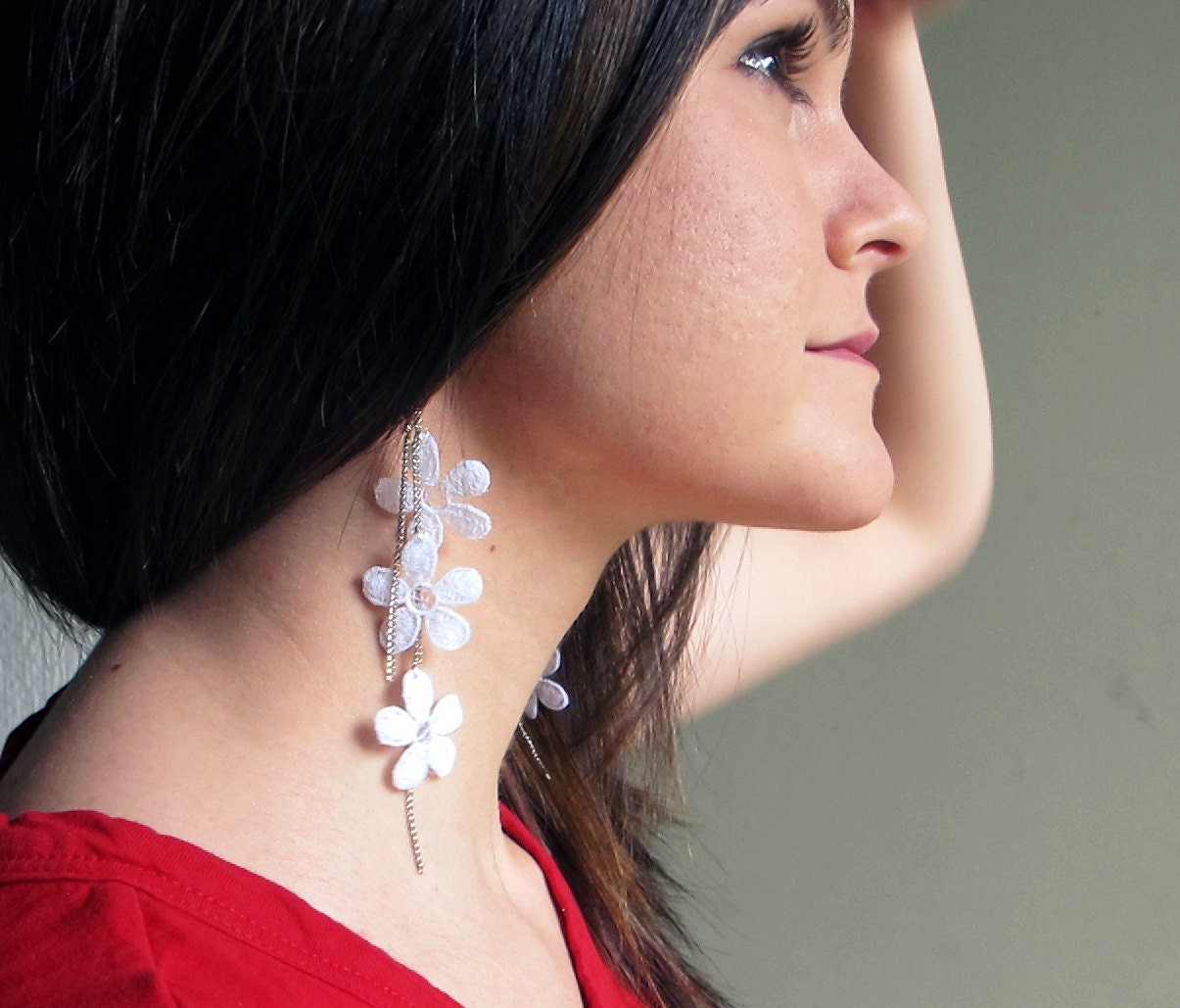 White Pansies  - Flower Lace Earrings - Silver chain- 3 inches long