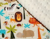 Gender Neutral Minky Baby Blanket - Natural Jungle Animals with Cream Minky - Ready to Ship