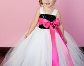 Flower Girl Tutu Dress in White and Black with Customizable Sash