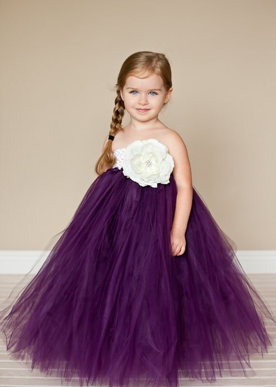 Plum Flower Girl Tutu Dress with Vintage Rose