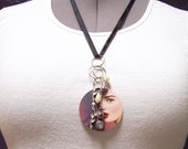 Necklace - Recycled Jewelry and Graphics "Pin-up Girl" with Recycled Beads, Findings and Pieces of Recycled Rhinestone Jewelry