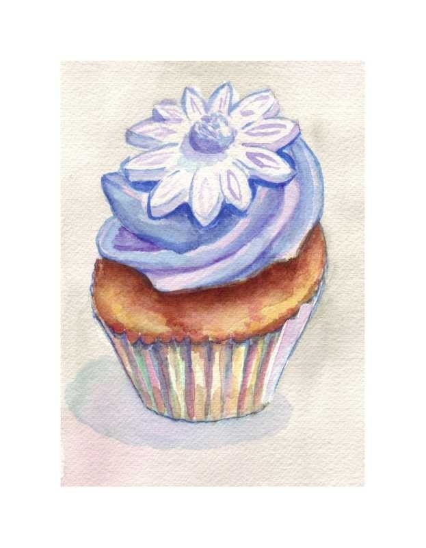 Watercolor Painting - Purple Cupcake Art Watercolor Art Print, 8x10