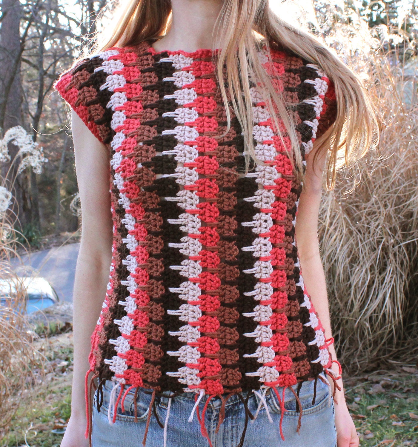 Unique Hand Crocheted Sweater . Upcycled Bohemian Hippie Style Shirt . Womens Small to Medium