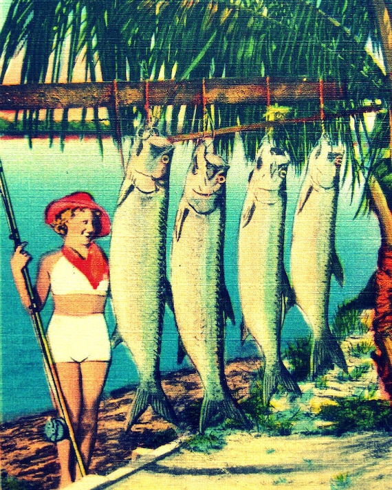 beach decor art photo retro Florida FISH BABE 8x10 print 1940s red aqua green silver color fish summer angler man cave beach lover gift
