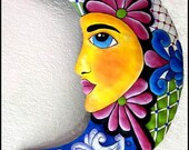 Hand Painted Metal Moon Wall Hanging - Recycled - Upcycled Haitian Steel Oil Drum Garden Art - 17 inches - M-201-PK-17