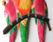 Parrots in Bright Pastel Tropical Colors - Hand Painted Metal Wall Hanging - K7026