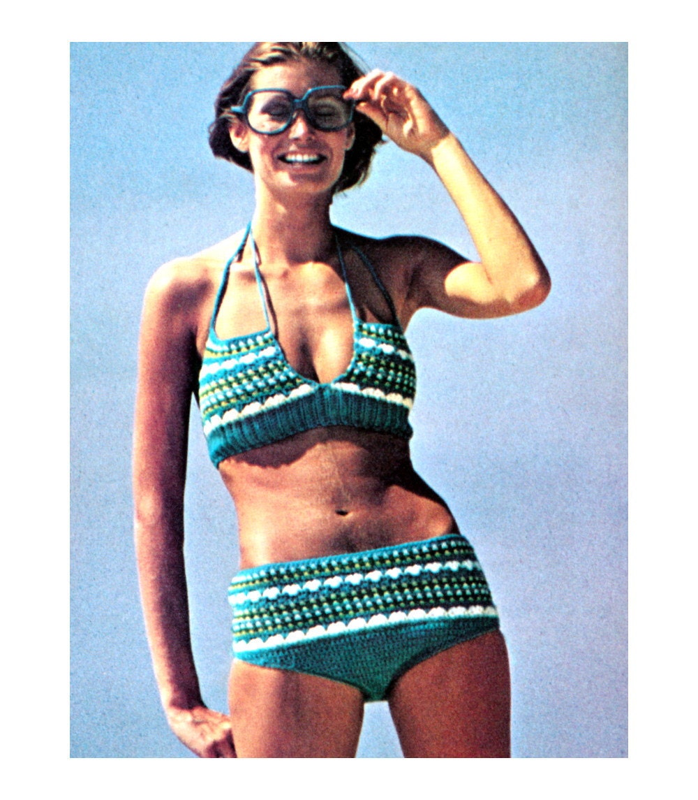 Vintage Crochet Pattern 1970s Hip Hugger Bikini Batwing Pullover Digital Download PDF