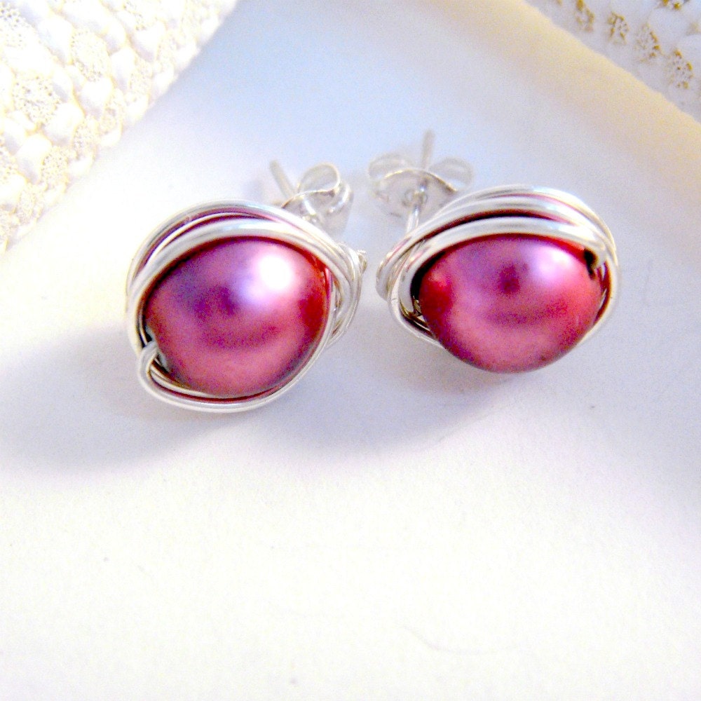 Hot Pink Earrings with Vintage Glass Pearl, Modern Wedding, Choose Studs or Dangle