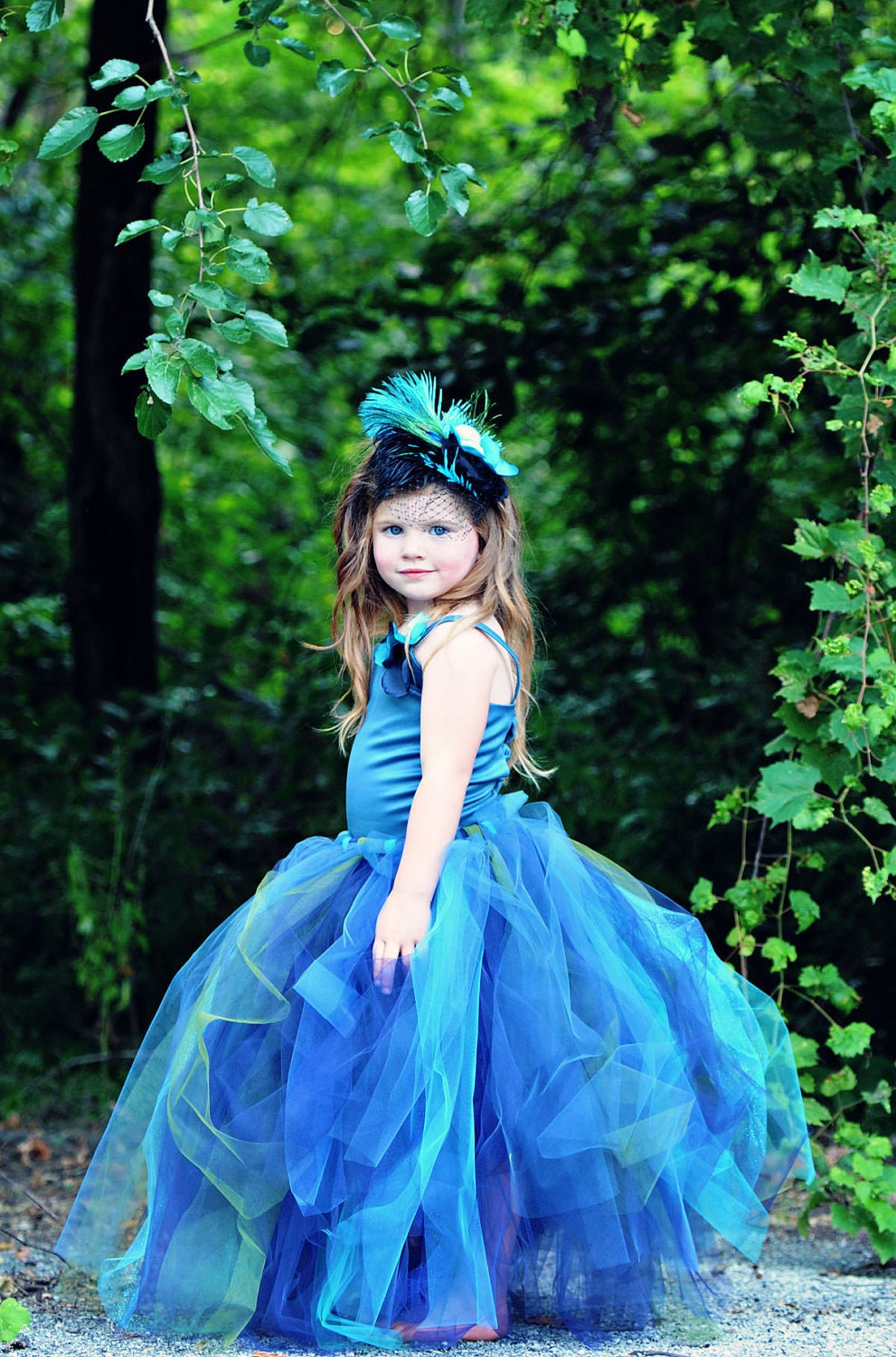 Peacock Flower Girl Dress--Tutu--Satin Corset Top w Handmade Flowers----Weddings-Pageants-Portraits