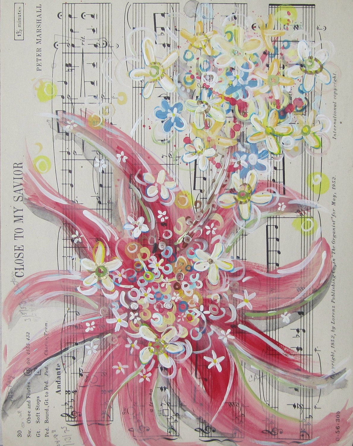 Close To My Savior... recycled book art original painting on Antique 1950s sheet music book page, by Cat Seyler designs