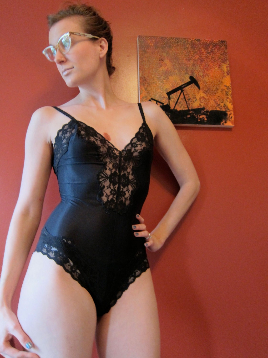 Bodysuit black S small disco SEXY Guy Laroche pinup
