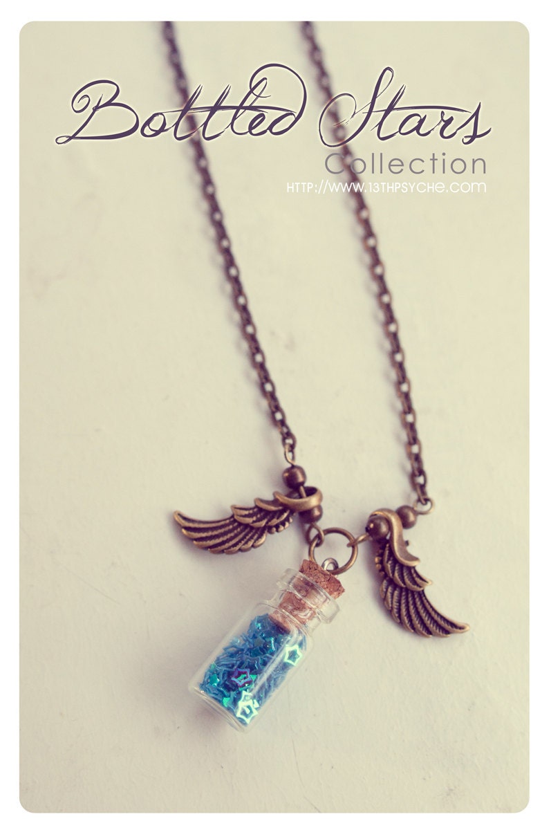 Angel Wings necklace Glass Bottle pendant, with glitter stars. CUSTOM STARS COLOR. Glass vial necklace. miniature Bottle. Cute necklace