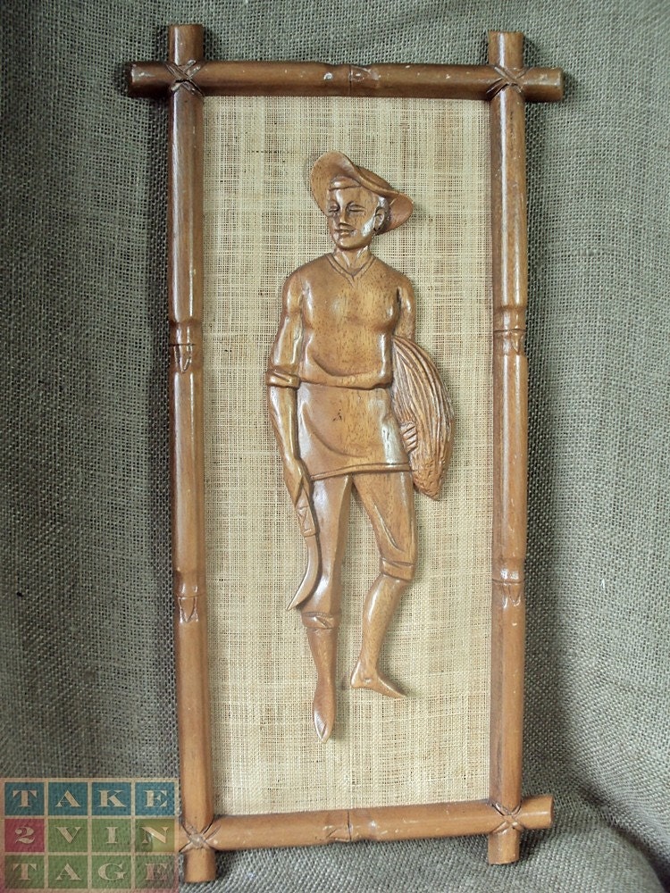 Vintage Framed Carved Banana Farmer Wall Decor