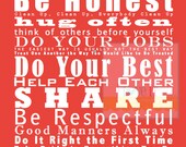 11x14 Family and House Rules Subway Art Print Poster . Gift for Mom . Coral Red Green Denim Blue
