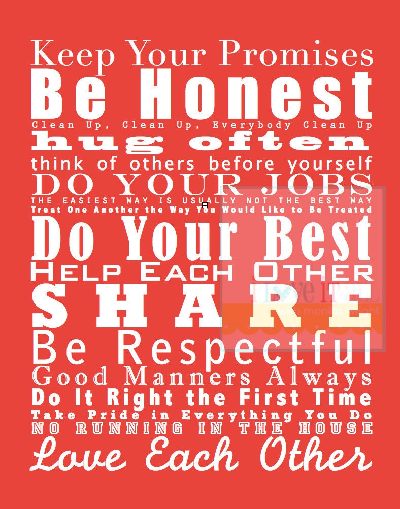 11x14 Family and House Rules Subway Art Print Poster . Gift for Mom . Coral Red Green Denim Blue