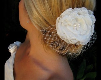 May bridal hair accessories, wedding hair flower, Ivory Chiffon Flower with a Vintage Pearl and Swarovski Crystal Center