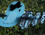 Bird  Its a Boy BANNER in Blue and Black and White Damask - "Fancy Feathers"