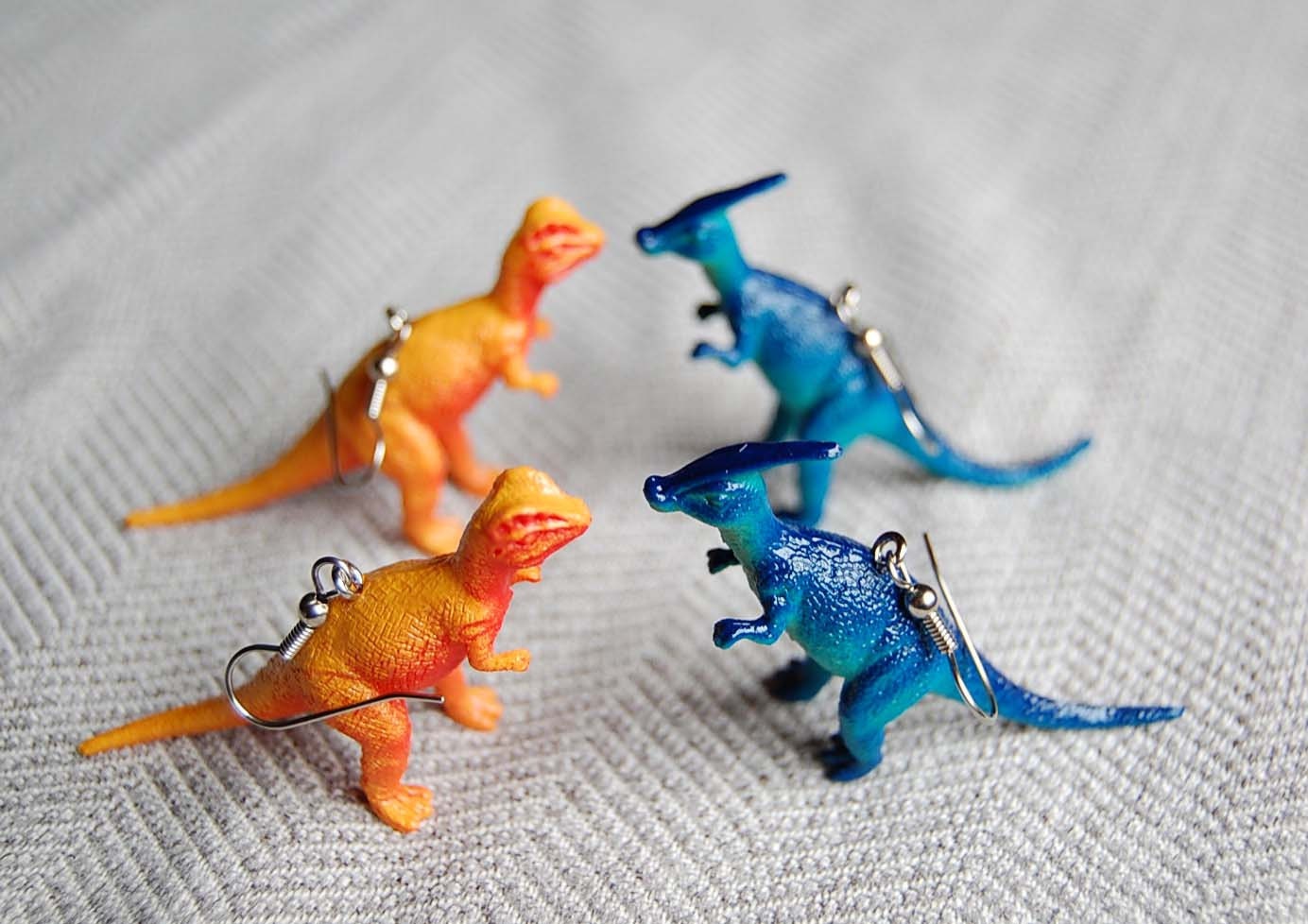 Two Pairs of Dinosaur Earrings - triceratops - trex - pteradactyl - toy dinosaur