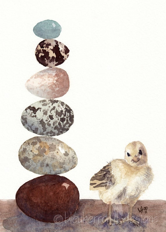 chicken watercolor- Chick and Eggs- 5x7 print