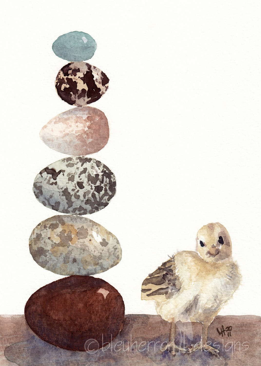 chicken watercolor- Chick and Eggs- 5x7 print