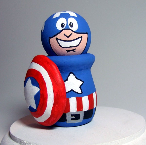 Captain America Handmade Wood Figure Cake Topper READY TO SHIP Art Toy Collectible Superhero