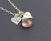 Bridesmaid Necklace, Two Handstamped charms with Gemstone, Personalised Necklace, Wedding Jewelry, Sisters, Best friends