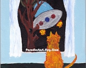 Flying Saucer Cats & Rockets Acrylic Painting on Board Science Fiction Geek Art