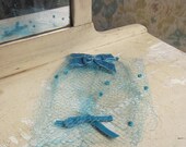 1950s Fascinator - Turquoise French Netting w. Chenille Dot & Velvet Bow Details