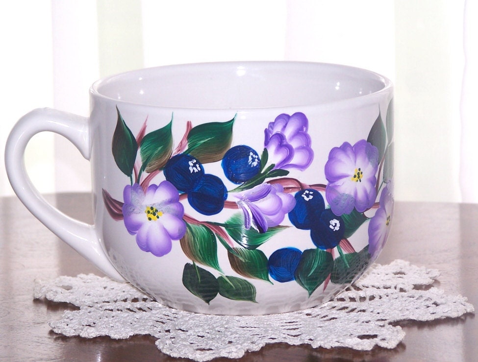 Soup Mug with Hand Painted  Blueberries & Purple Wildflowers