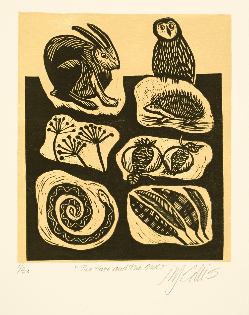 linocut, Hare and Owl, mustard yellow background, pomegranate, pods and seeds