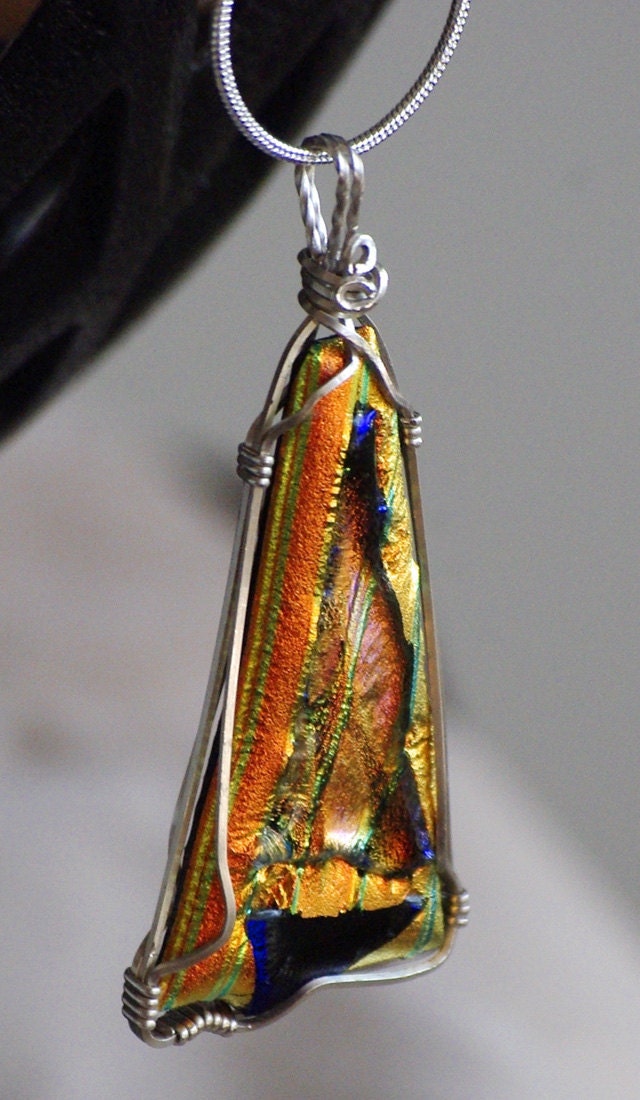 OOAK Autumn Orange Green Sterling Silver Wrap Jewelry Dichroic Glass Pendant n Chain Gift for Her made in New Brunswick Canada - BaysideWireDesigns