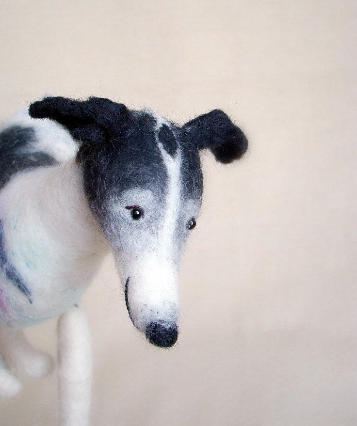 Jack - Giant Greyhound, Art Marionette Felt Puppet Felted Animal Stuffed Toy. white grey black neutral.  SPECIAL ORDER  for Betty.
