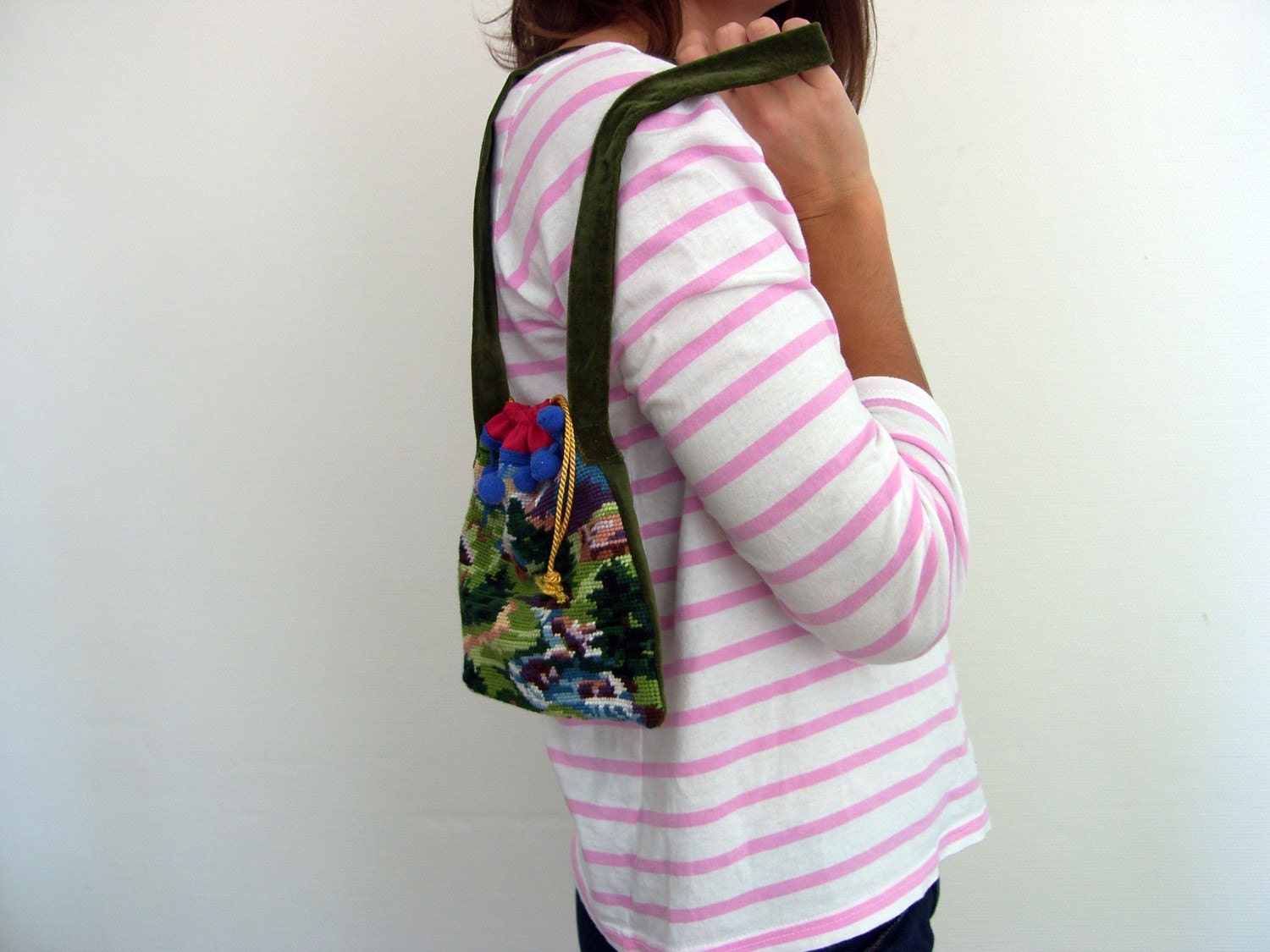 needlepoint tapestry pouch bag, upcycled hand embroidered , Mountain