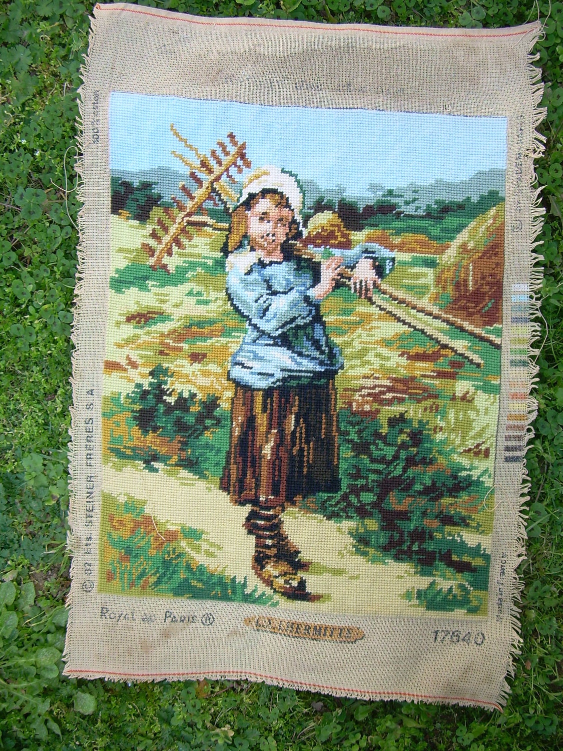 needlepoint tapestry farm girl back way from the fields,one of a kind, france
