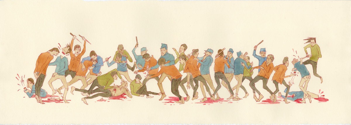 Fight Fight - PRINT of original Watercolor painting - fight scene blood violence police brutality