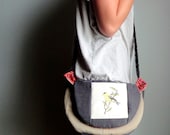Upcycled Crossbody Bag with Bird Cross Stitch, Neutral Colorblock Hip Bag