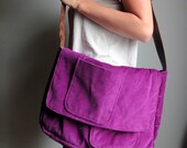 Eco-Friendly Messenger Bag, Large, Purple Corduroy with Upcycled Adjustable  Strap