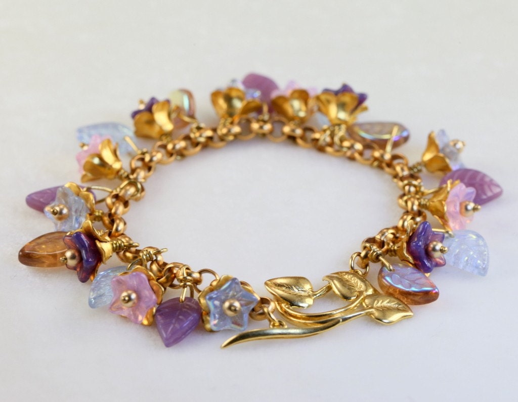 Matte Gold Flower Bracelet with Czech Pressed Glass Flower and Leaf Beads -- Purple  Pink  Blue