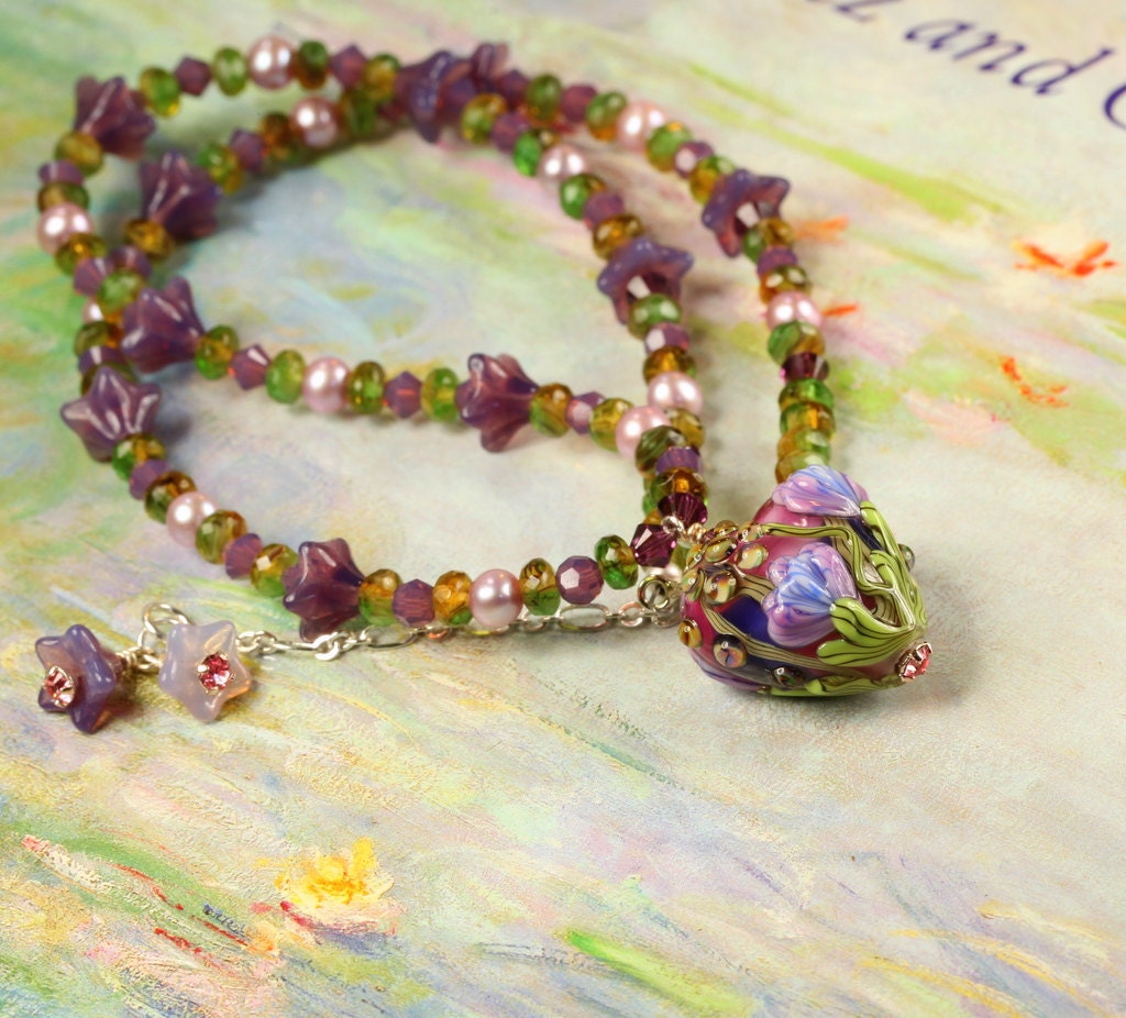 Monet Lily Pond Necklace with Hand-made Floral Heart Bead